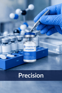 Longevity Lab Adipotide research peptide vial handled with precision in controlled laboratory environment Australia
