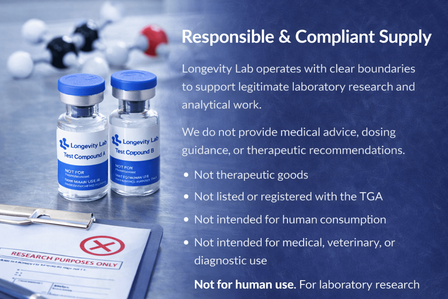 Longevity Lab research peptide vials displayed in laboratory setting representing responsible and compliant research supply in Australia