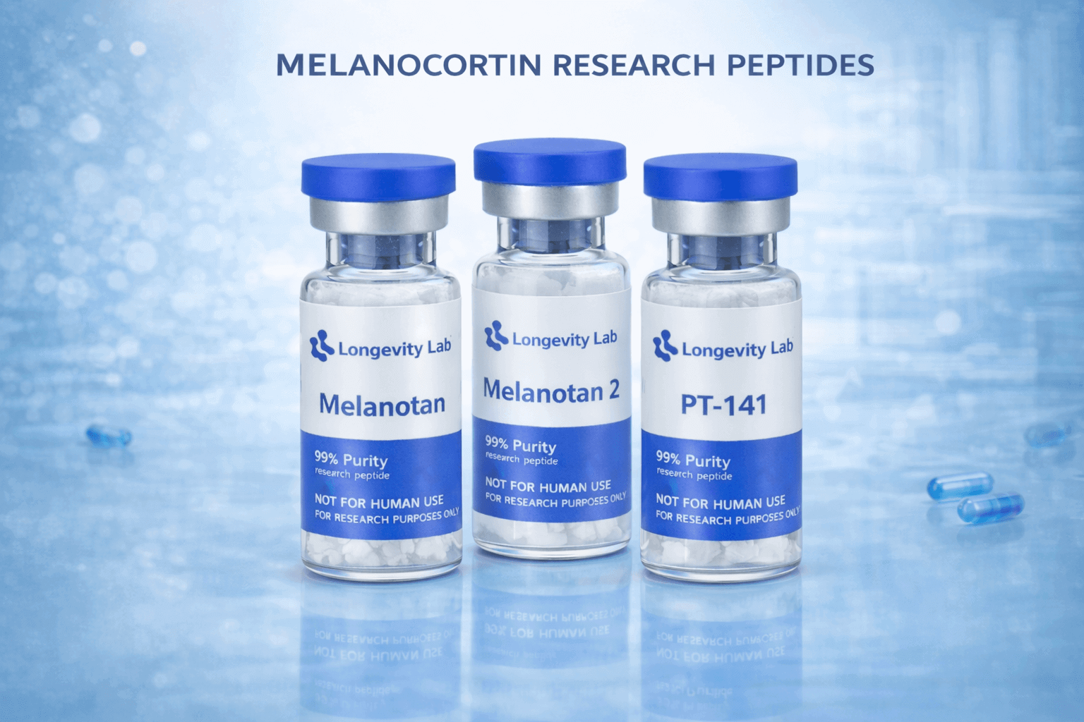 Melanocortin research peptides by Longevity Lab including Melanotan, Melanotan 2 and PT-141 in branded laboratory research vials.